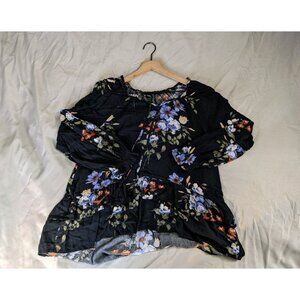 American Eagle Top Black Floral Cottagecore Boat Neck Womens Size L